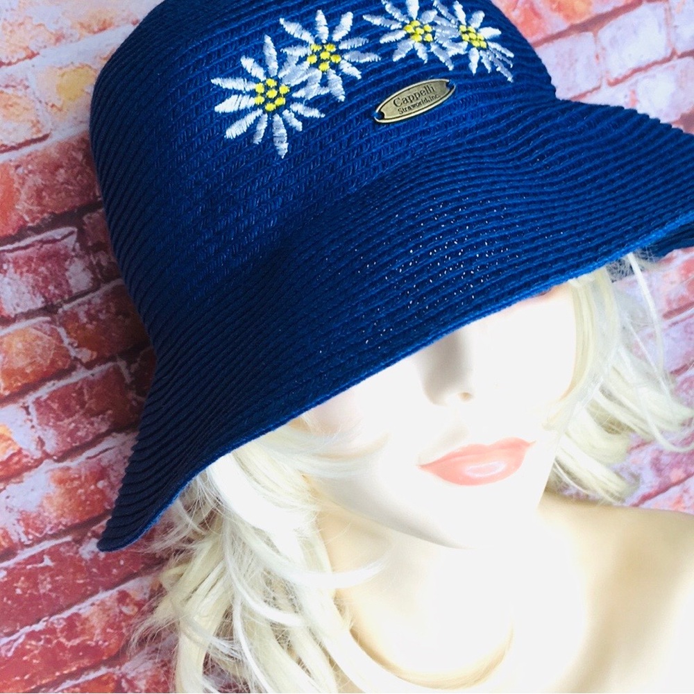 Cappelli Straw World Blue Packable Daisy Embroidered Bucket Beach Hat - Picture 2 of 8